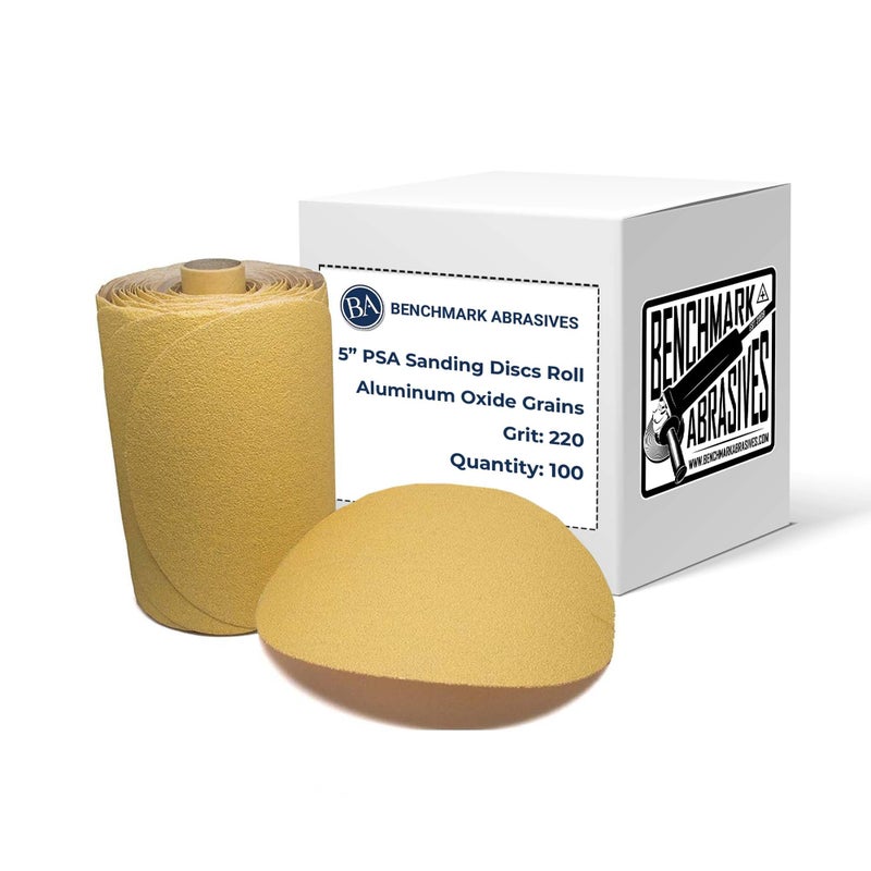 Benchmark Abrasives PSA Gold 5 Inch Self Adhesive Sanding Discs w/Aluminum Oxide Grains DA Sandpaper - 5 Inch Sanding Discs Roll - Surface Blending, Automotive, Orbital Sanders (100 Discs), 220 Grit - Image 1